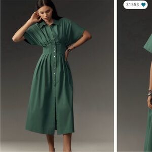Anthropologie Exquisite Green Tobie Button Front Midi Shirt Dress